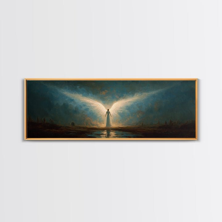 Ethereal Canvas Print Of Angelic Figure Radiating Light Among Heavenly Battle Scene Spiritual Wall Art For Inspirational And Contemporary Home Decoration