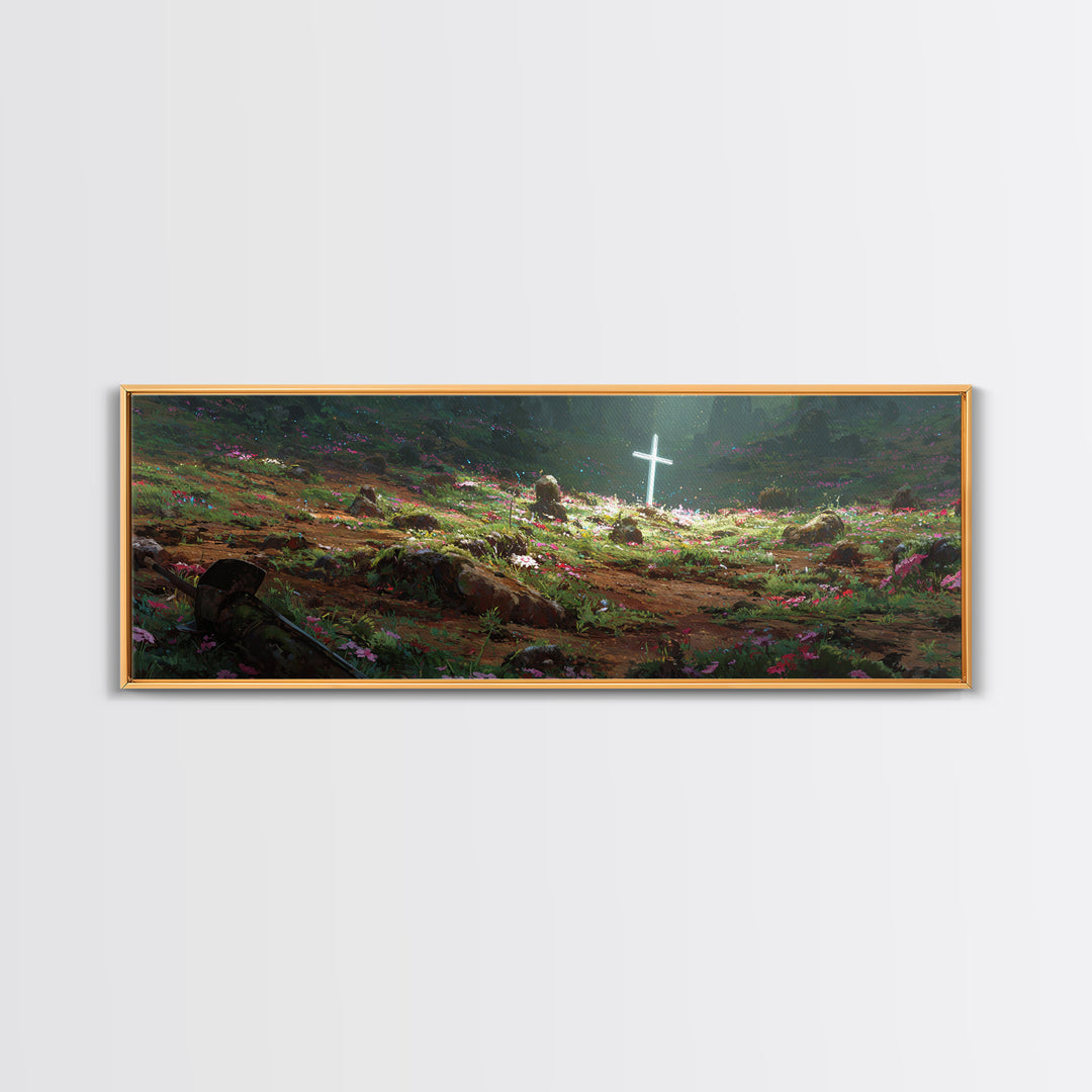 Fantasy Garden Illuminated Cross With Sword On Ground Painting - Canvas Print, Spiritual Wall Art, Religious Home Decor, Gift For Her