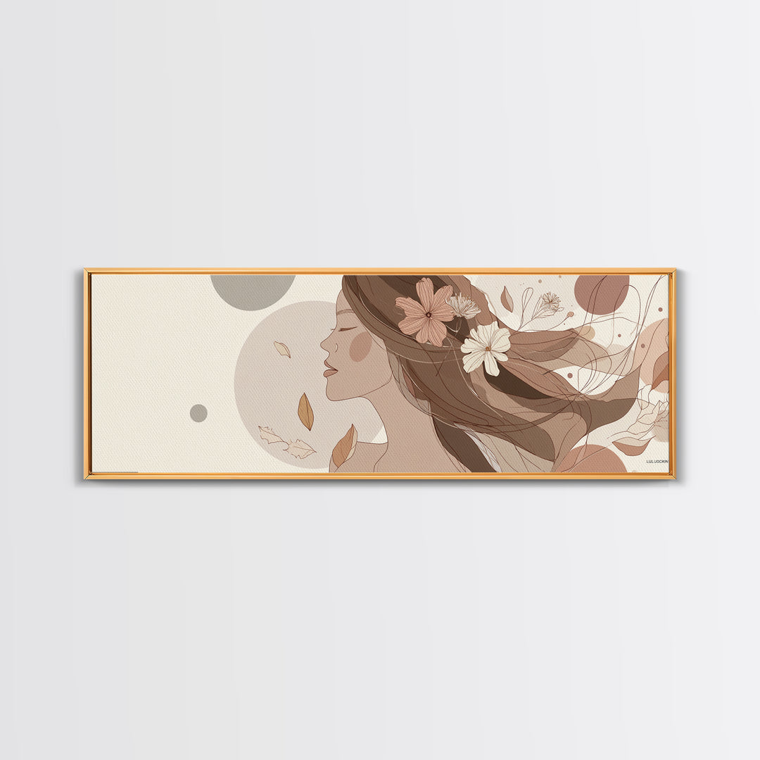 Feminine Floral Woman Profile Wall Art, Neutral Line Art Canvas Print, Boho Bedroom Decor, Romantic Gift For Her, Wall Decor