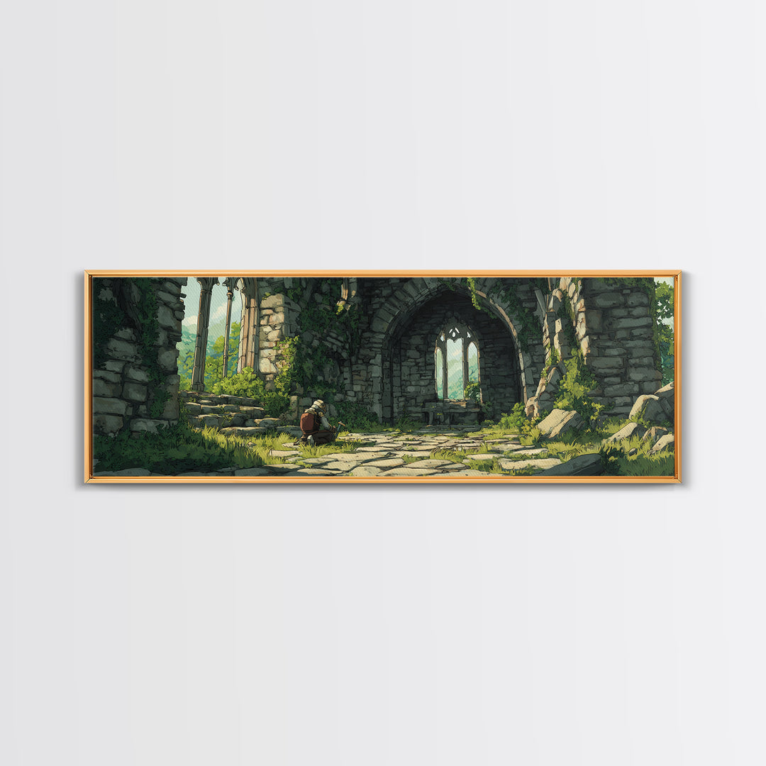 Serene Ruins With Adventurer In Medieval Stone Archway Wall Art Perfect For Home Decor Lovers And Fantasy Enthusiasts Framed Canvas Print