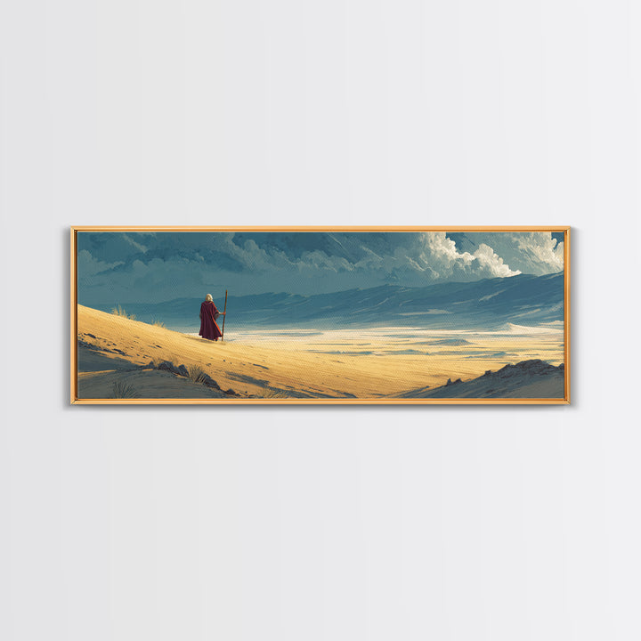 Solitary Traveler On Vast Desert Landscape With Dramatic Clouds Wall Art Canvas Print For Home Decor