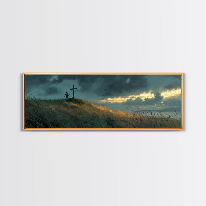 Peaceful Landscape Painting Of Knight And Cross At Sunset Over Rolling Hills Moody Wall Art Print
