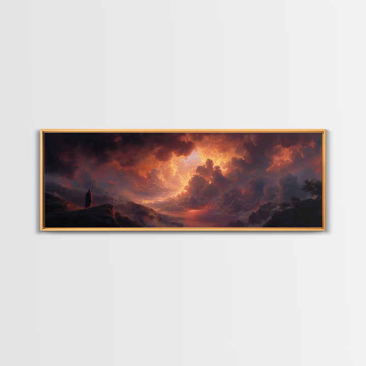 Epic Figure Facing Fiery Sunstorm Fantasy Landscape Wall Art Framed Canvas Print For Dramatic Home Decor And Contemporary Art Lovers