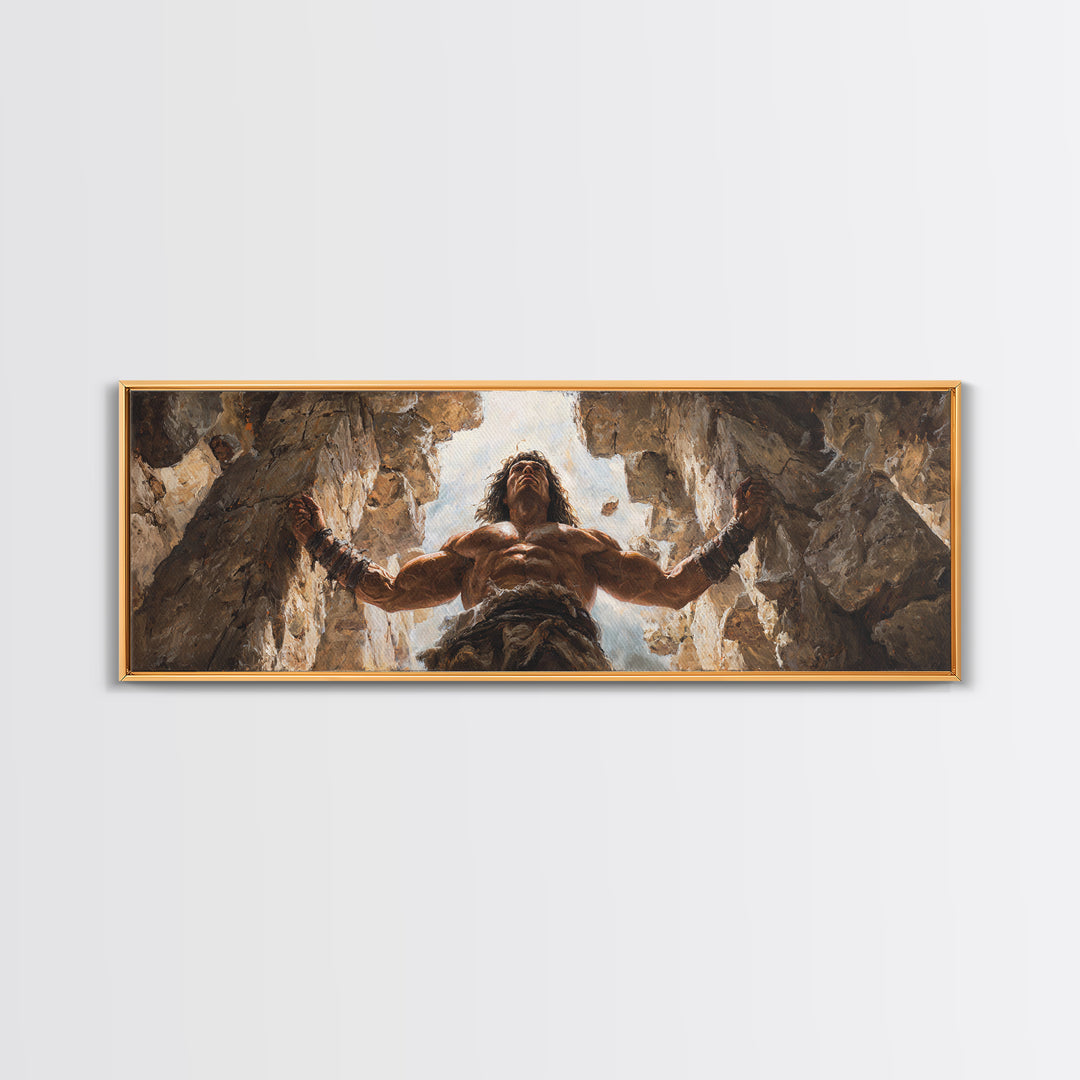 Powerful Barbarian Breaking Rocks With Muscular Strength Wall Art Framed Canvas Print For Home Decor And Office