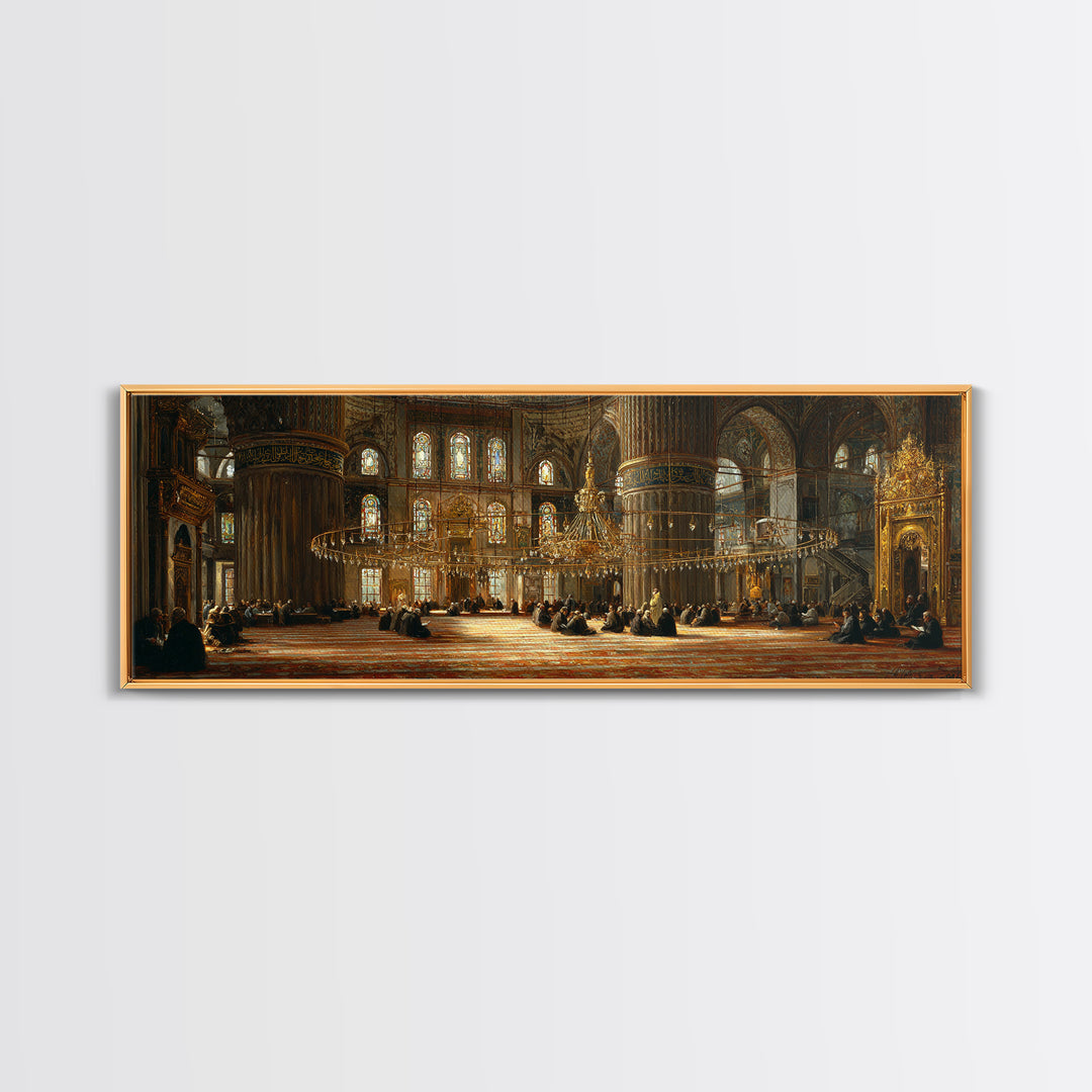 Intricate Historic Mosque Interior With Worshippers And Golden Details Wall Art Beautiful Islamic Architecture Framed Canvas Print