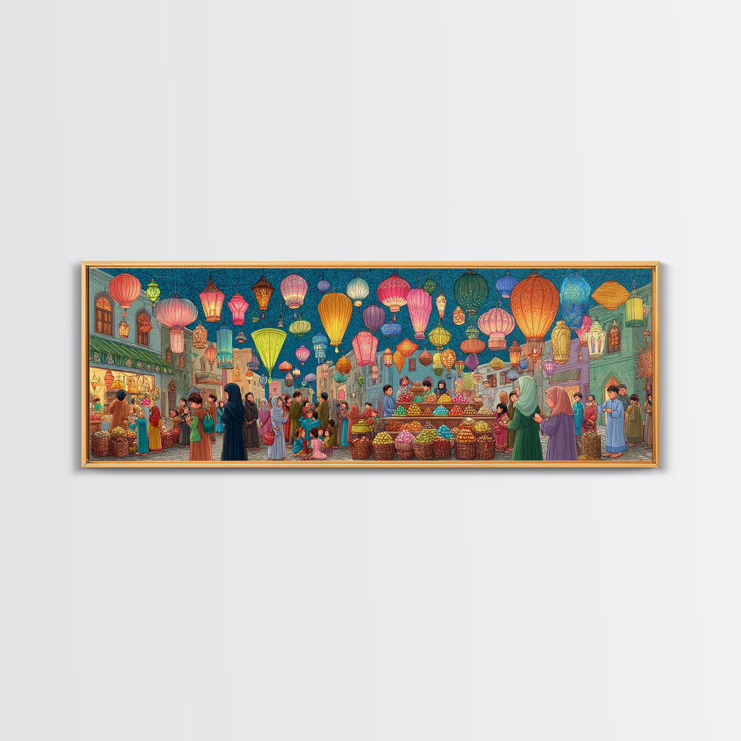 Bustling Market Scene Painting With Lanterns And People Vibrant Traditional Street Life Colorful Wall Art