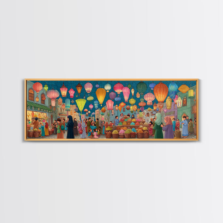 Bustling Market Scene Painting With Lanterns And People Vibrant Traditional Street Life Colorful Wall Art