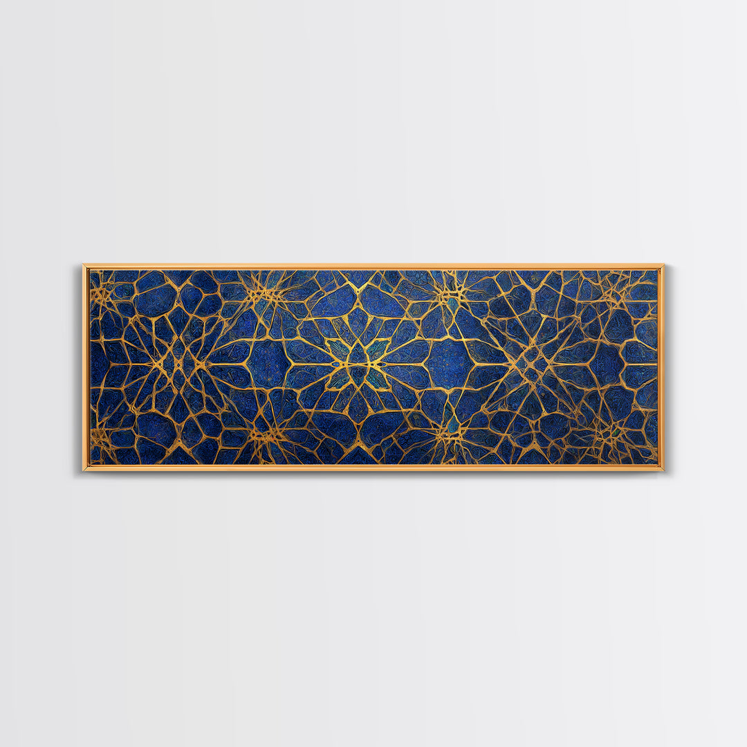Detailed Blue And Gold Islamic Geometric Pattern Canvas Print For Elegant Religious Home Decor