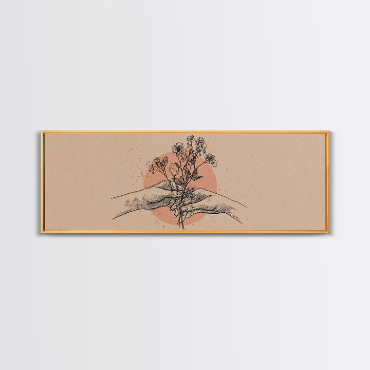 Hands Holding Wildflowers Line Art Wall Art, Neutral Botanical Canvas Print, Romantic Gift For Her And Minimal Bedroom Decor