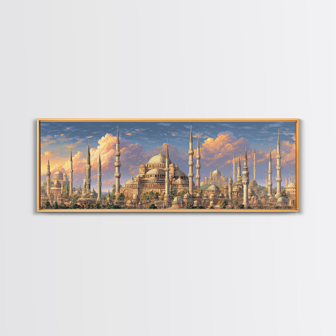 Vibrant Cityscape With Ornate Minarets And Warm Sunset Sky Framed Canvas Print For Home Decor