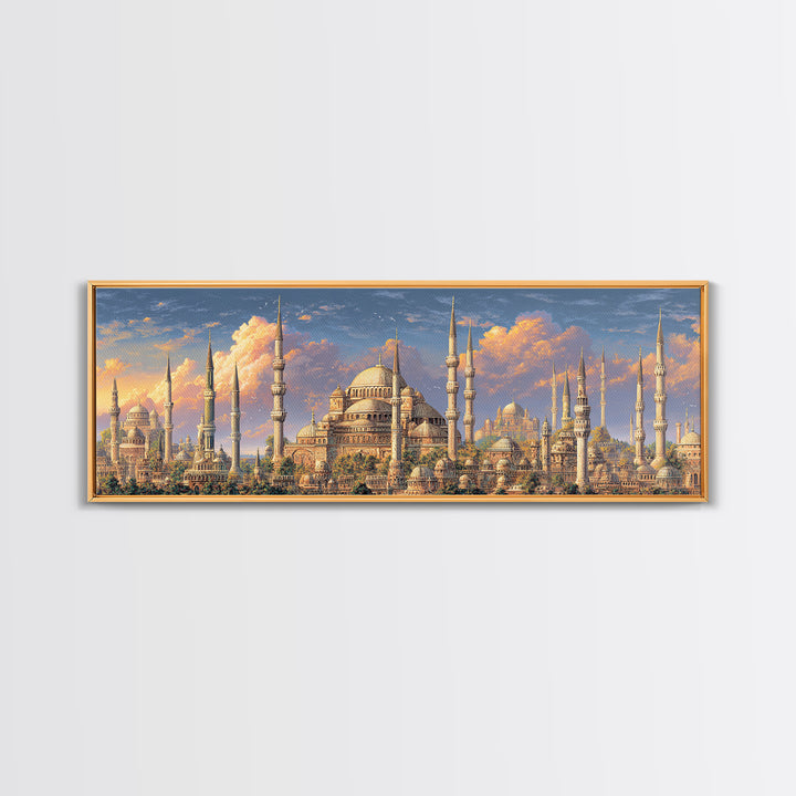 Vibrant Cityscape With Ornate Minarets And Warm Sunset Sky Framed Canvas Print For Home Decor