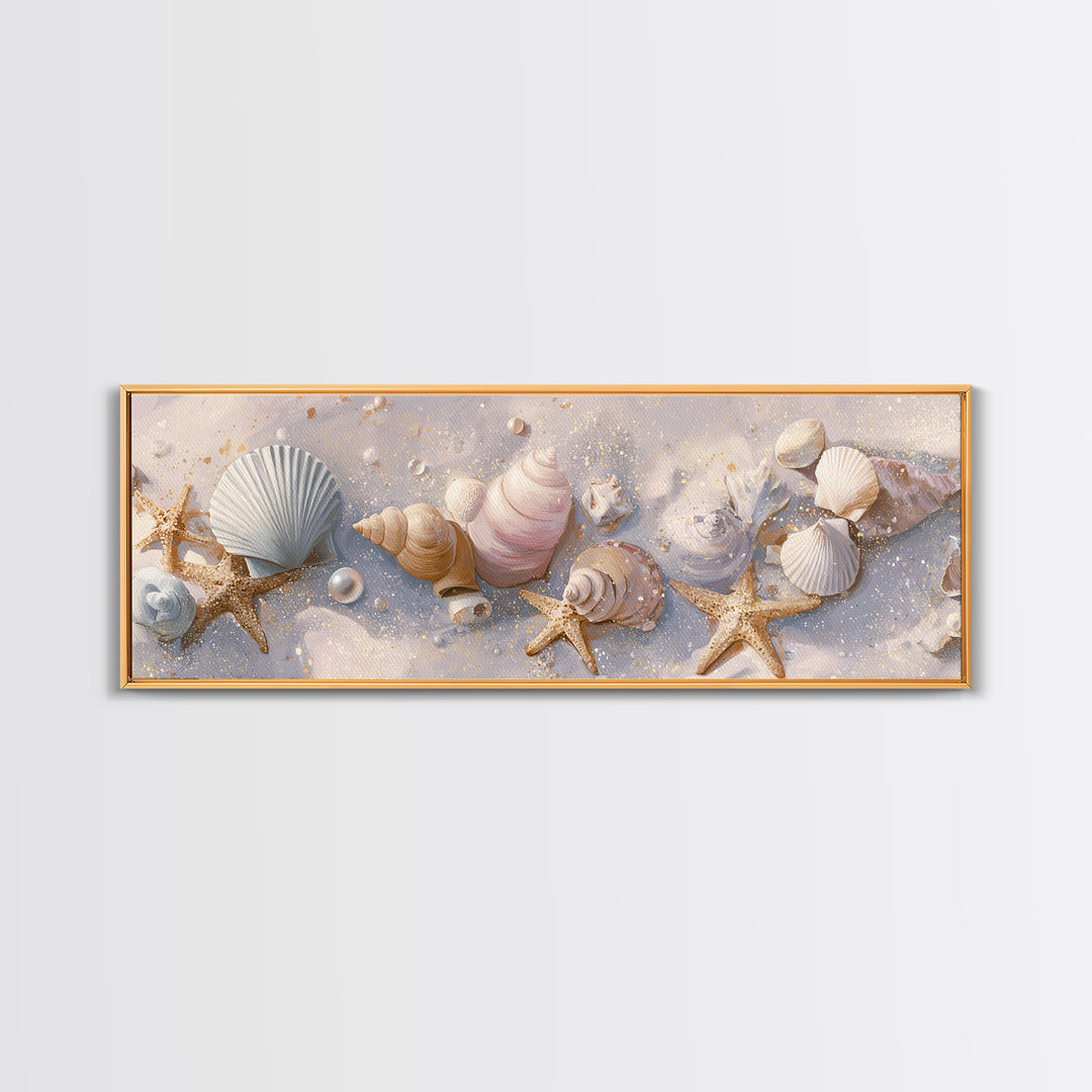 Pastel Seashells And Starfish Beach Wall Art, Coastal Canvas Print, Nautical Bathroom Decor And Beach House Gift For Her