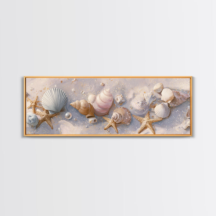 Pastel Seashells And Starfish Beach Wall Art, Coastal Canvas Print, Nautical Bathroom Decor And Beach House Gift For Her