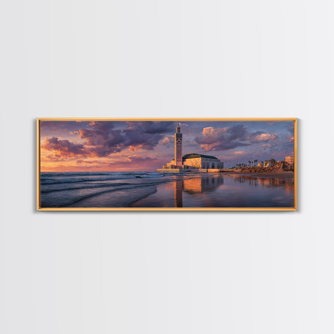 Sunset Over Iconic Casablanca Mosque With Reflective Water Wall Art Framed Canvas Print For Coastal Decor