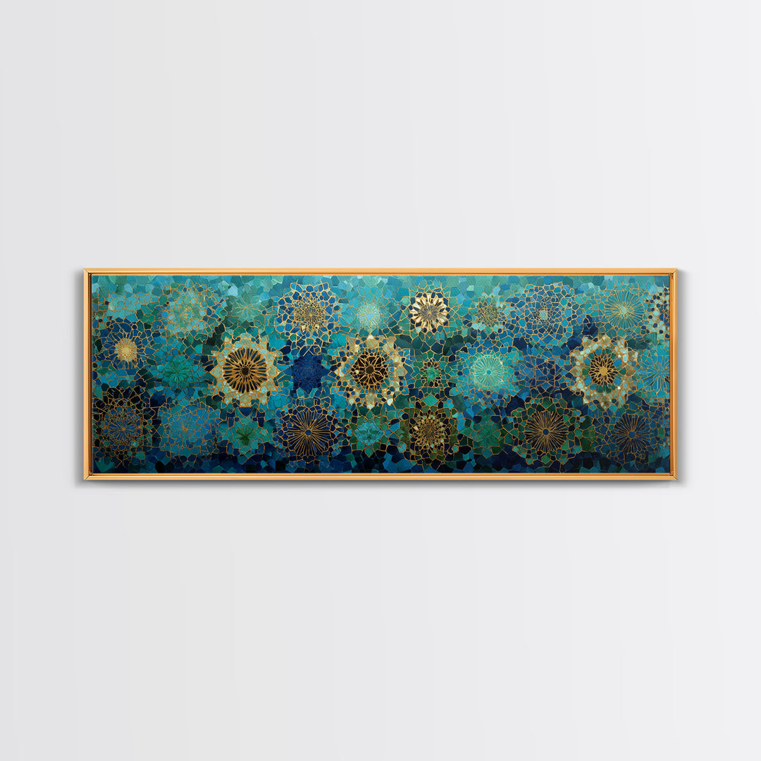 Intricate Green And Blue Moroccan Mosaic Pattern Abstract Wall Art Canvas Print For Exotic Home Decor Gift