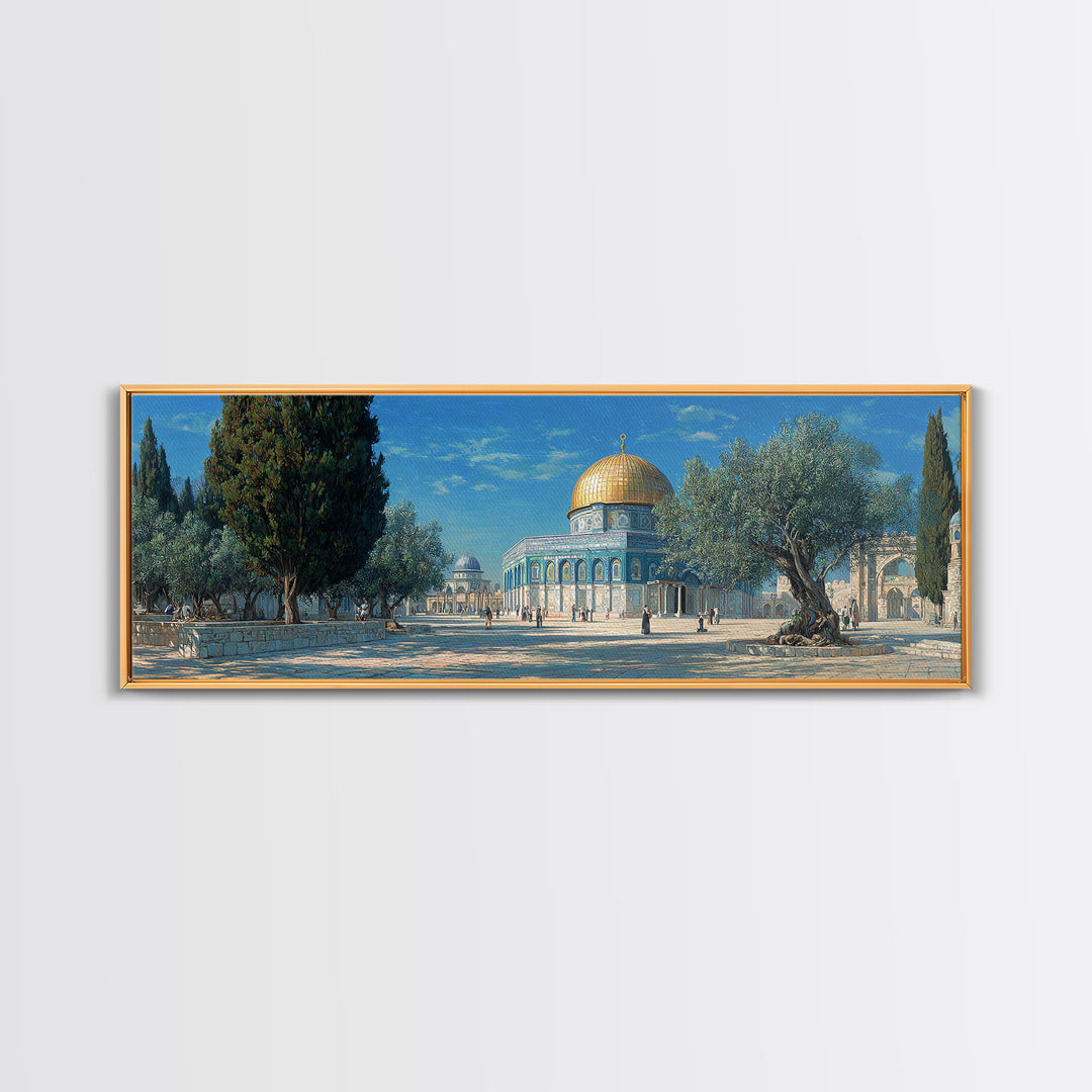 Vivid Middle Eastern Architecture Painting With Golden Dome And Olive Trees Captivating Historical Wall Art
