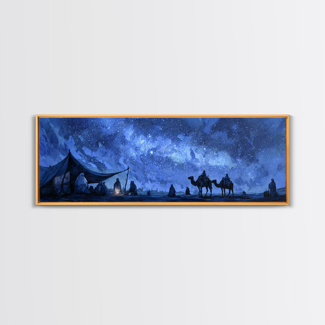 Mystical Desert Night Scene With Campfire And Stargazing Nomads Wall Art Framed Canvas Print For Rustic Home Decor