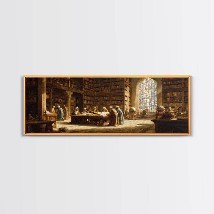 Historical Middle Eastern Library Scene Painting Wall Art Framed Canvas Print For Study Room Decor And Book Lover Gift