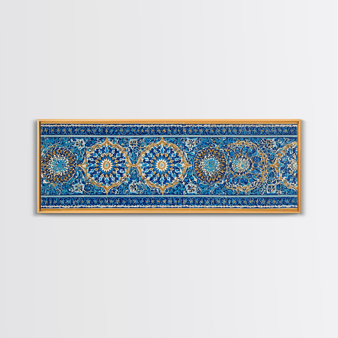 Detailed Handpainted Islamic Tile Blue And Gold Pattern Artwork Canvas Print For Moroccan Home Decor And Framed Wall Art