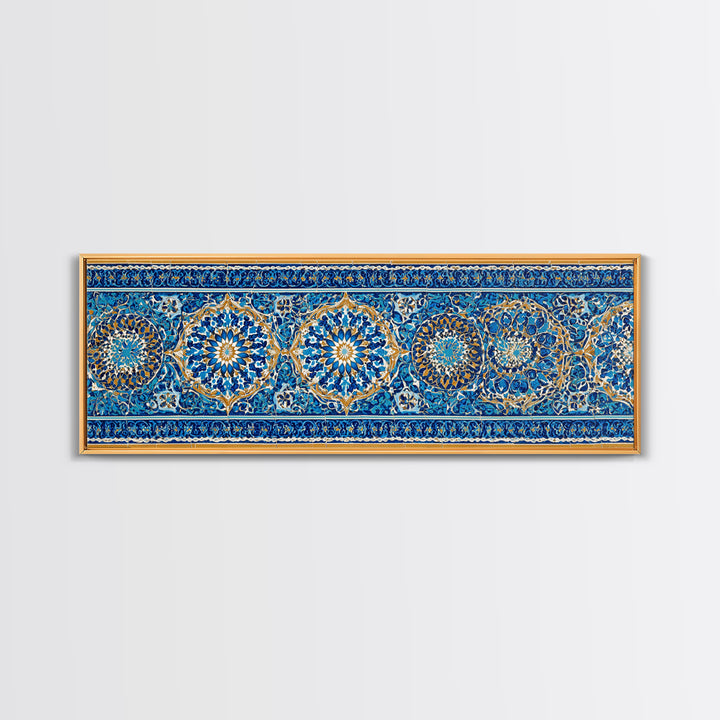 Detailed Handpainted Islamic Tile Blue And Gold Pattern Artwork Canvas Print For Moroccan Home Decor And Framed Wall Art