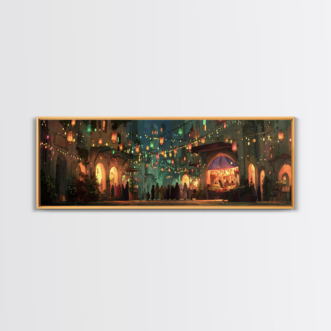 Vibrant Nighttime Street Market Scene With Lanterns And Crowds Framed Canvas Print