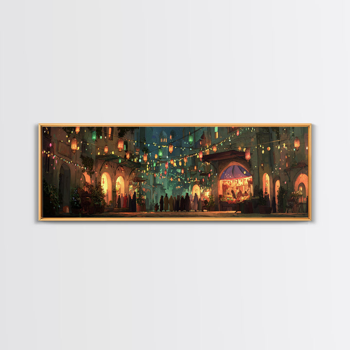 Vibrant Nighttime Street Market Scene With Lanterns And Crowds Framed Canvas Print