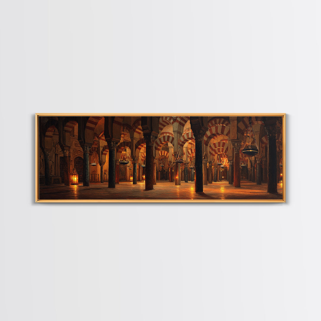 Warm Glowing Columns Of Ancient Mosque Interior With Arches Framed Canvas Print For Rustic Home Decor And Statement Wall Art