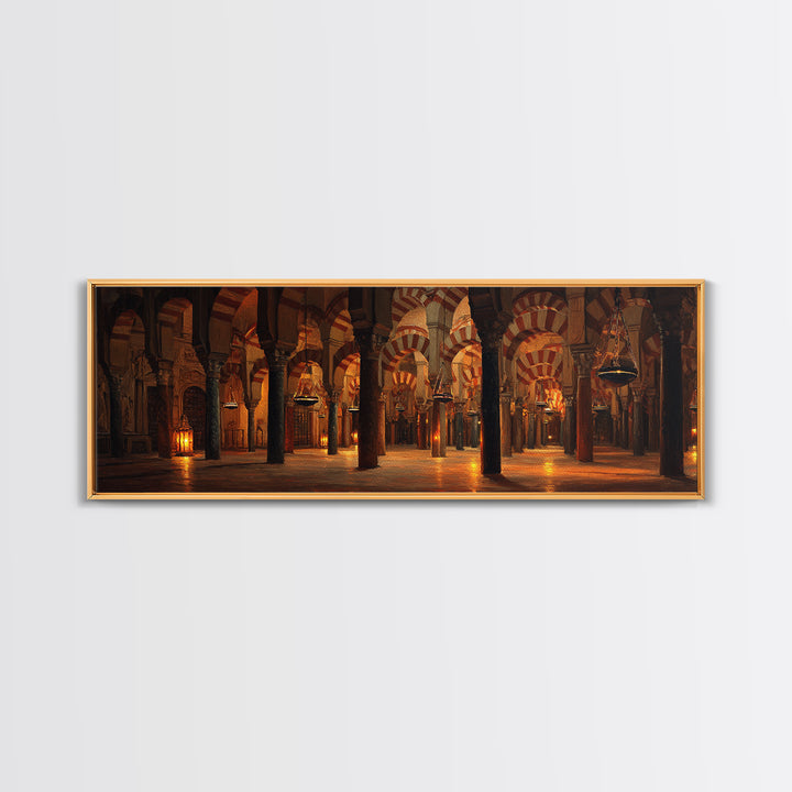 Warm Glowing Columns Of Ancient Mosque Interior With Arches Framed Canvas Print For Rustic Home Decor And Statement Wall Art