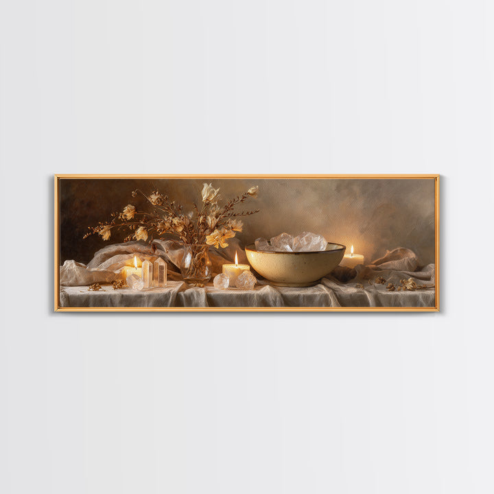 Crystals Candles And Dried Flowers Wall Art, Moody Spa Framed Canvas Print, Zen Meditation Decor For Cozy Living Room Art