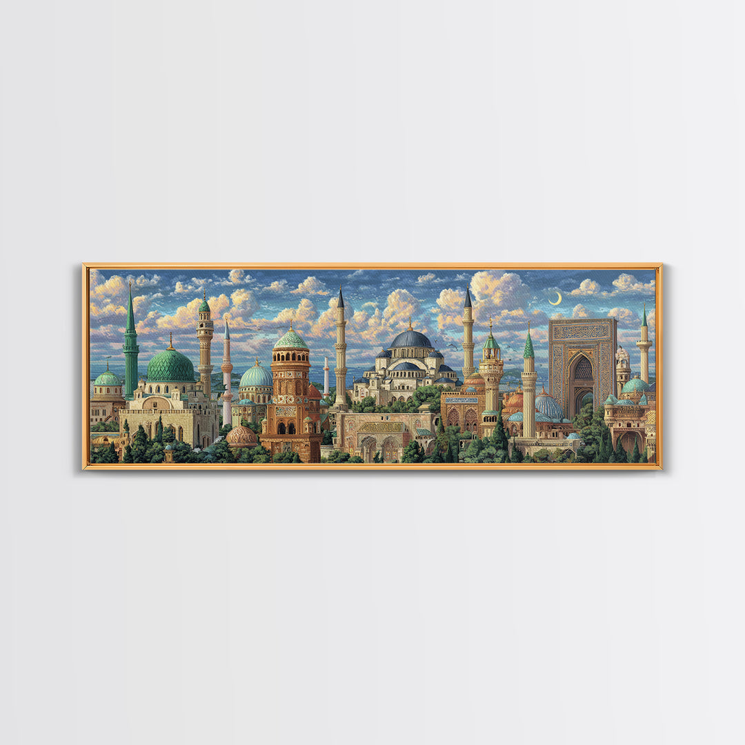 Historic Mosque With Intricate Islamic Architecture And Blue Domes Framed Canvas Print Fine Art Wall Decor For Home And Office