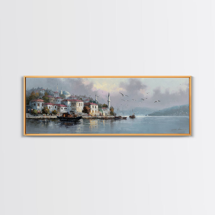 Scenic Coastal Fishing Village With Boats In Harbor Under Soft Cloudy Sky Framed Canvas Print For Rustic And Vintage Wall Art