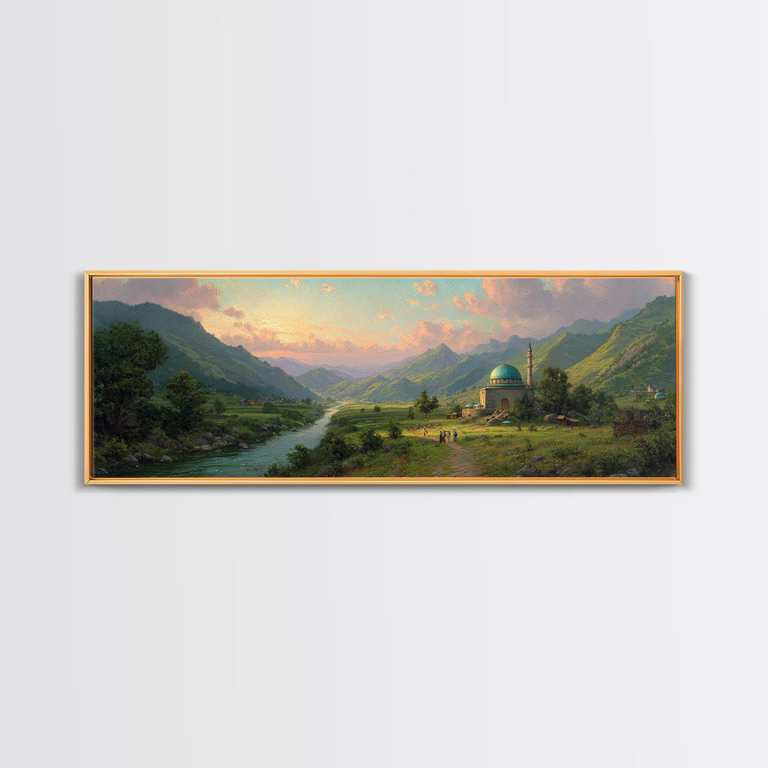 Beautiful Serene Mountain Landscape With River And Village, Romantic Nature Oil Painting Framed Canvas Print, Large Wall Art For Home Decor