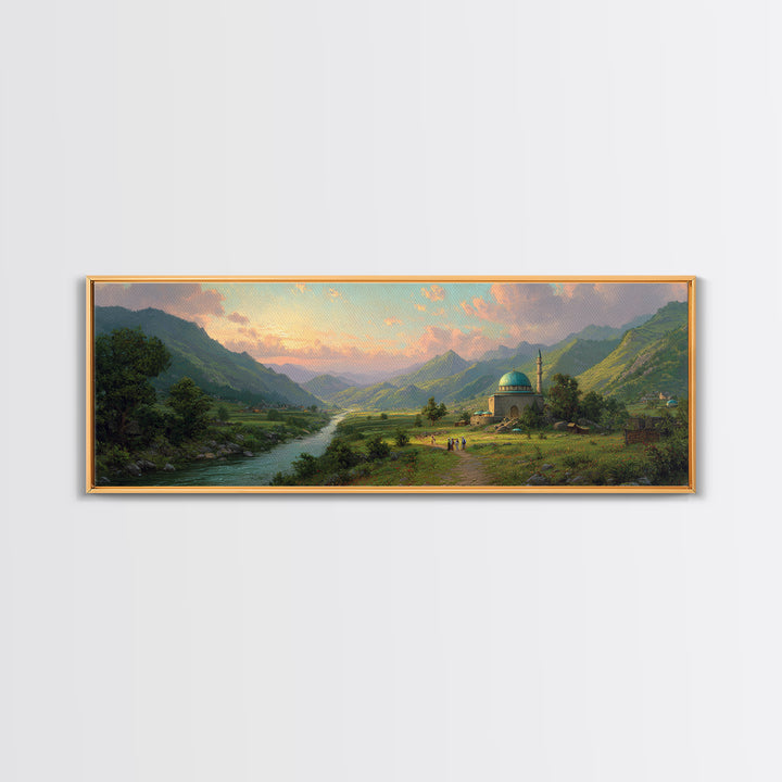 Beautiful Serene Mountain Landscape With River And Village, Romantic Nature Oil Painting Framed Canvas Print, Large Wall Art For Home Decor