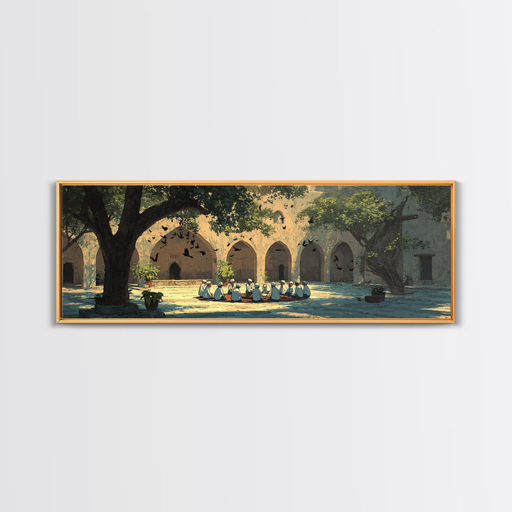 Historic Courtyard With Men In Traditional Clothing Sitting And Talking Framed Canvas