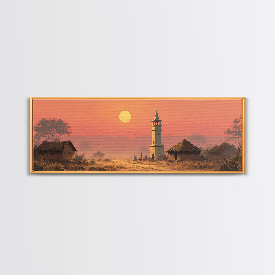 Rural Village Minaret At Peach Sunset Wall Art, Islamic Landscape Print, Prayer Room Decor, Warm Farmhouse Home Decor Gift