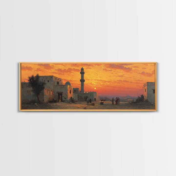 Stunning Sunset Over Desert Village With Minaret Oil Painting Warm Landscape Wall Art Framed Canvas Print For Home And Office