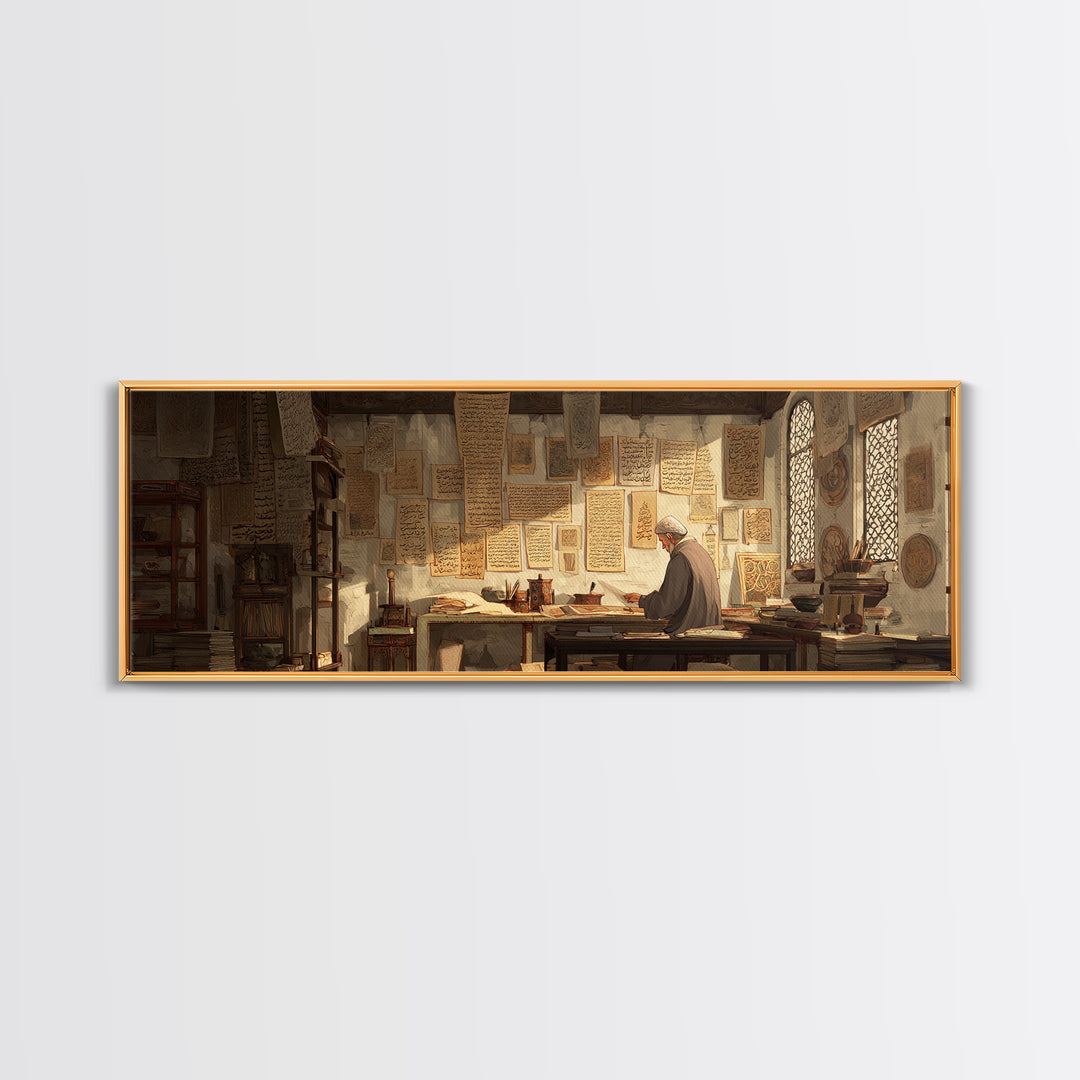 Old Scholar Reading Ancient Manuscripts In Historic Study Room Canvas Print Wall Art For Office Decor
