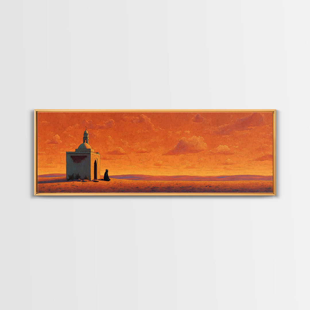 Orange Desert Mosque At Sunset Wall Art, Islamic Landscape Print, Panoramic Canvas, Prayer Room Decor, Warm Earth Tone Home Decor