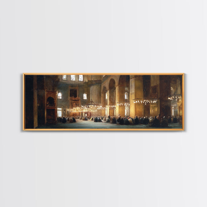 Classic Church Interior Worshipers Praying Under Chandeliers Religious Wall Art Framed Canvas Print