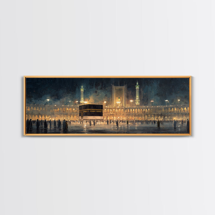 Nighttime Pilgrimage At Sacred Mosque With Glowing Lights And Worshippers Canvas Print