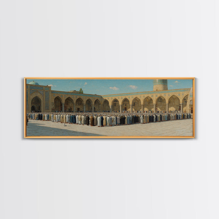 Traditional Islamic Prayer Scene Wall Art Depicting Worshippers in Mosque Courtyard Framed Canvas Print For Spiritual Home Decor
