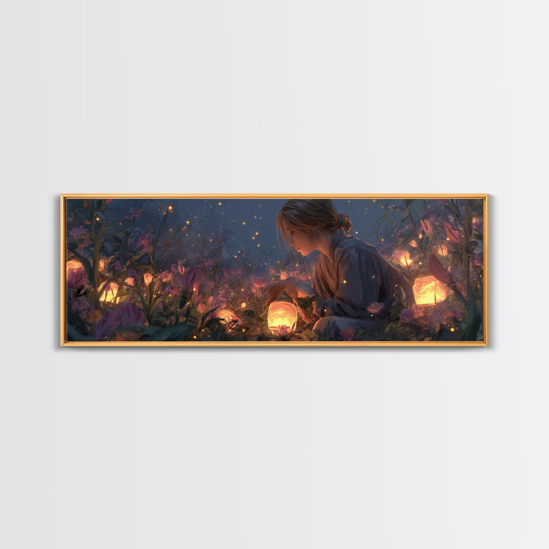 Girl With Glowing Lanterns In Enchanted Garden Wall Art, Fantasy Canvas Print, Whimsical Nursery Decor And Kids Room Decor Gift For Her