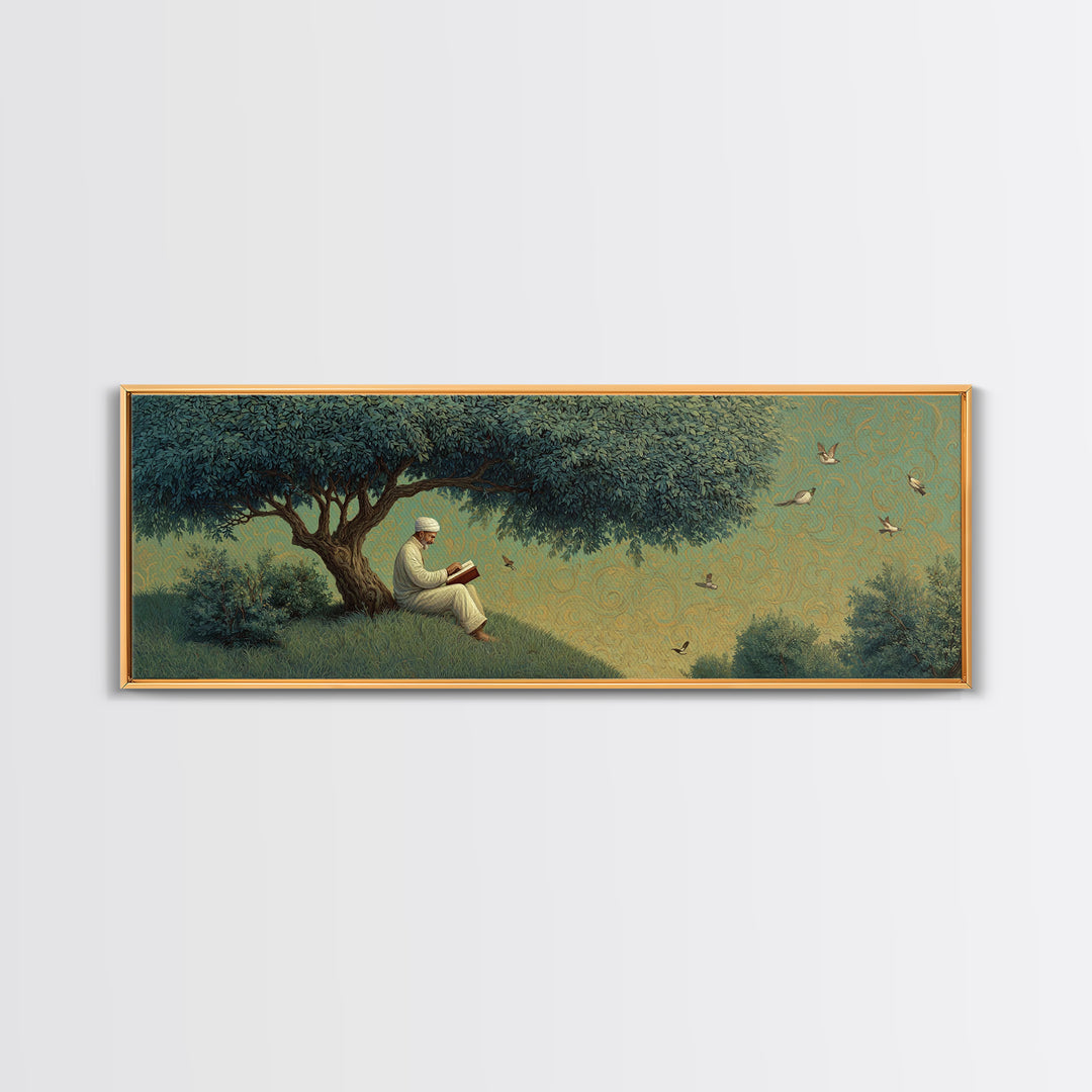 Peaceful Man Reading Under Lush Tree With Flying Birds Scenic Wall Art Canvas Print For Home Decor