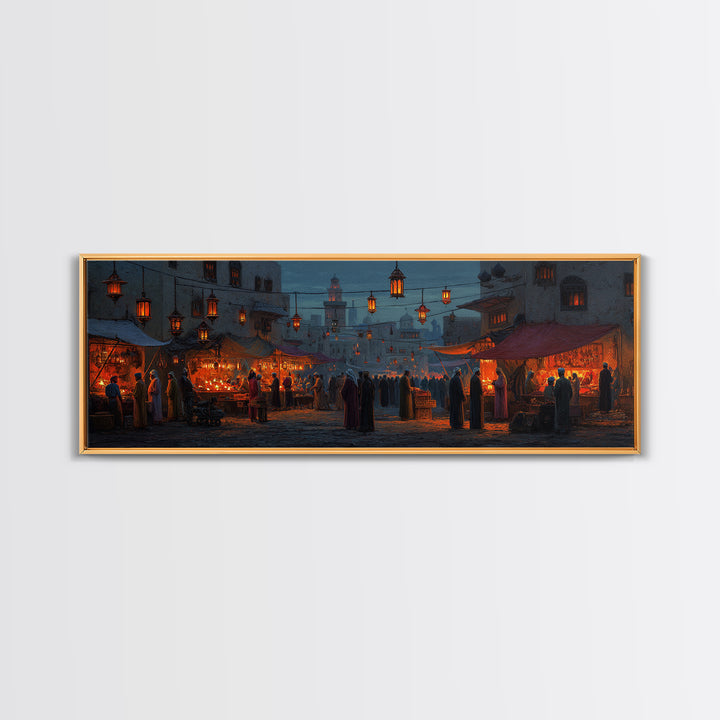 Warm and Lively Market Scene in Middle Eastern Style Oil Painting with Lanterns and Crowds Canvas Print