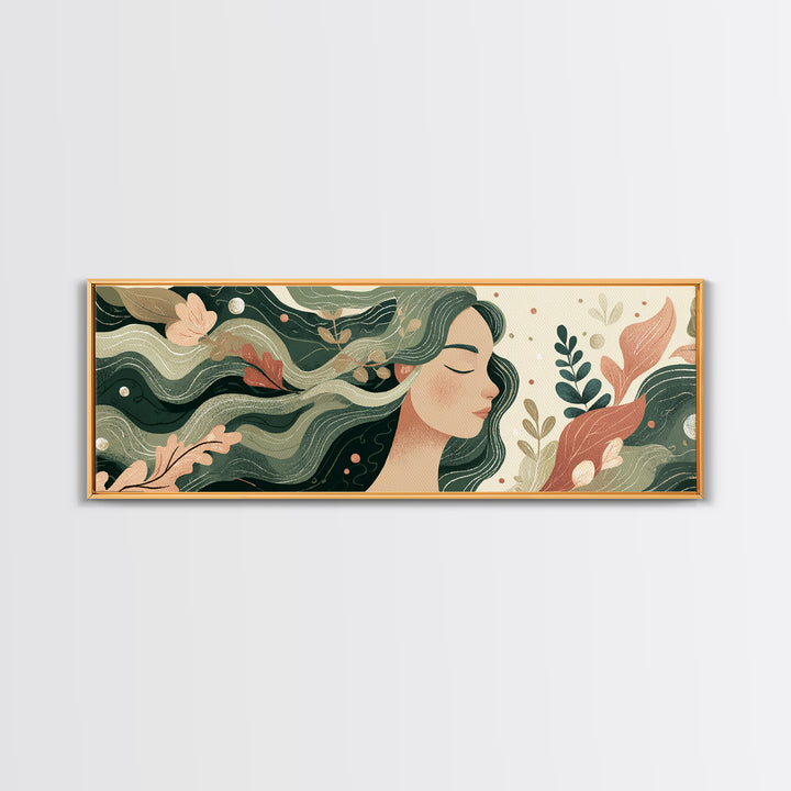 Flowing Green Haired Woman Botanical Wall Art, Feminine Boho Canvas Print, Earth Tone Decor For Bedroom And Living Room Art