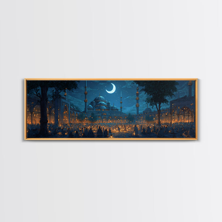 Serene Nighttime Mosque With Illuminated Lanterns And Crescent Moon Wall Art Framed Canvas Print For Spiritual Home Decor
