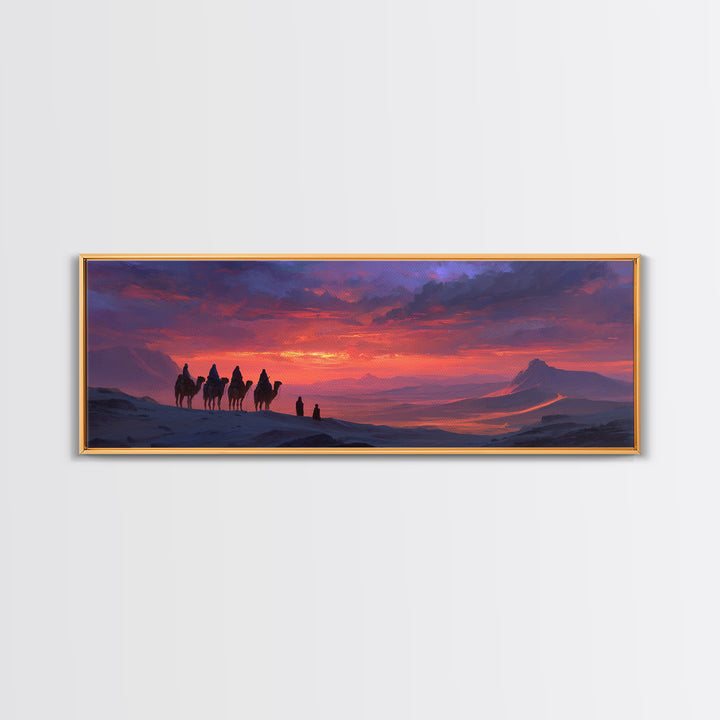 Dramatic Desert Caravan With Camels Traveling At Sunset Landscape Wall Art For Living Room Cozy Home Decor Framed Canvas Print