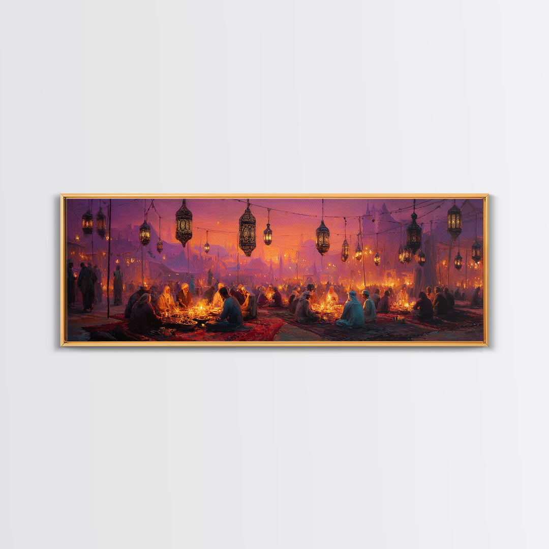 Vibrant Middle Eastern Night Festival With Lanterns And People Enjoying Colorful Celebration Framed Canvas Print