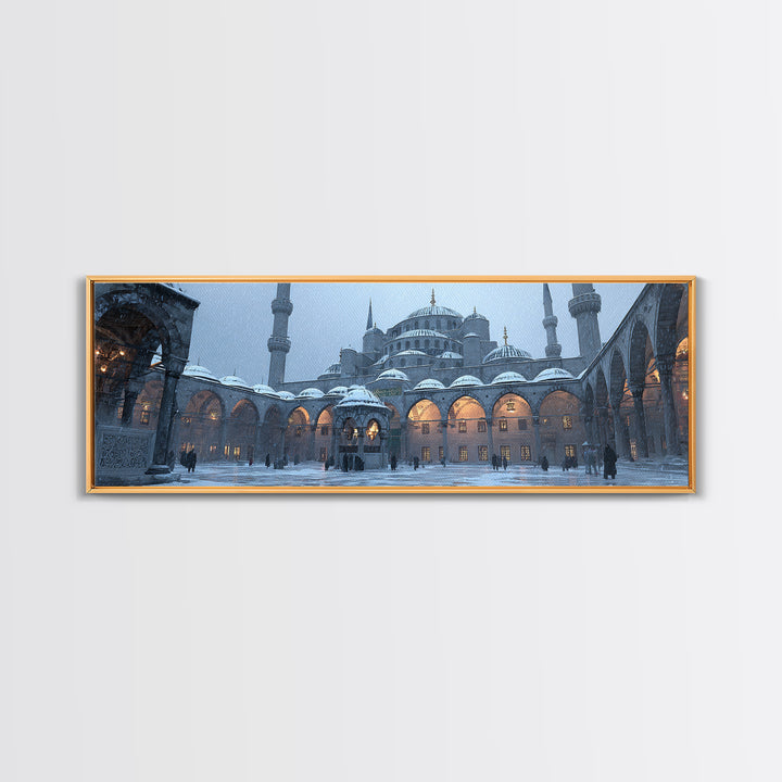 Historic Mosque Courtyard In Snowfall Cityscape Digital Painting Modern Wall Art Canvas Print For Home Decor