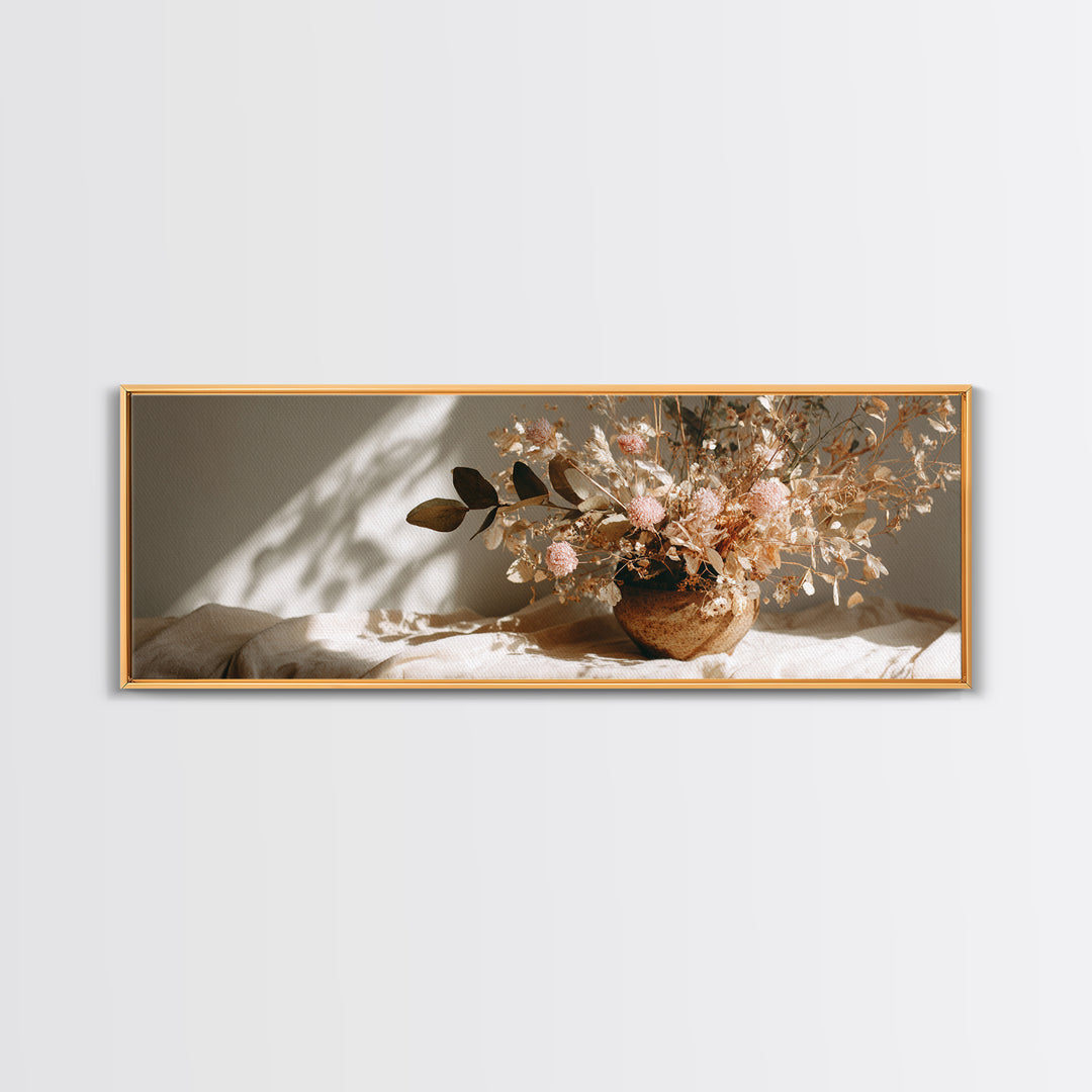 Warm Dried Flower Bowl Still Life Canvas Print, Neutral Botanical Wall Art, Boho Shelf Decor, Earth Tone Home Decor, Gift For Her